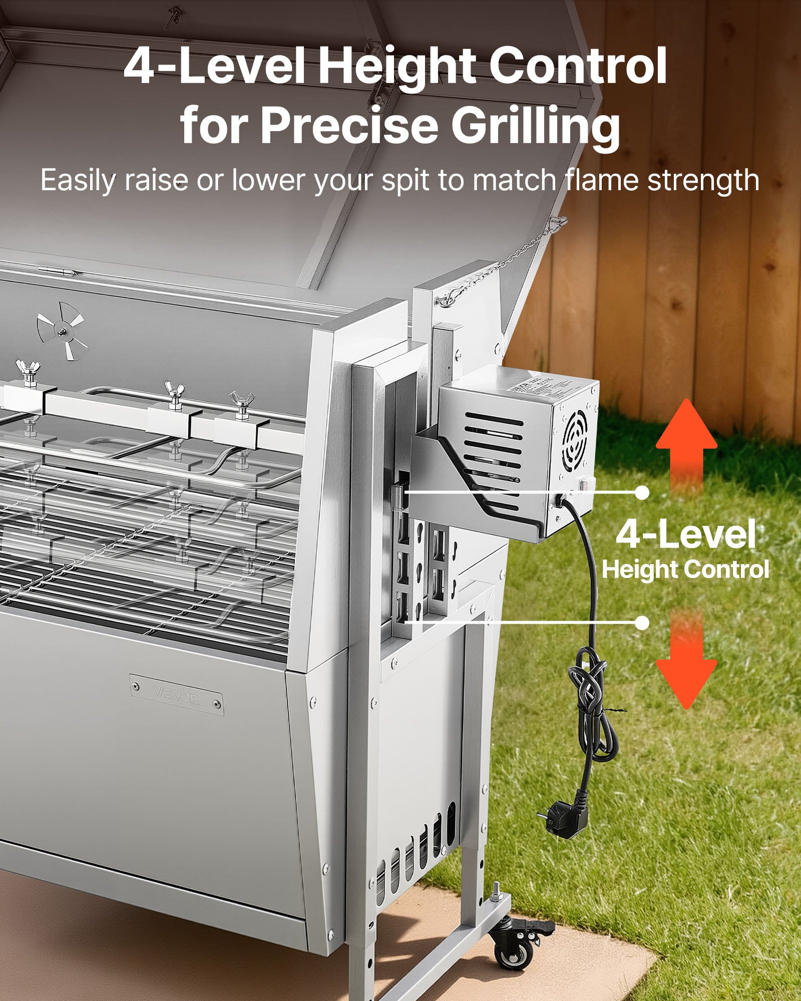 VEVOR Drehspießgrill 38 W Spanferkelgrill Lammgrill Holzkohlegrill (132 cm Grilllänge) mit 60 kg Tragkraft & Rädern & 4-facher Höhenverstellung & Deckel, Edelstahl-Elektrogrill-Set für Camping