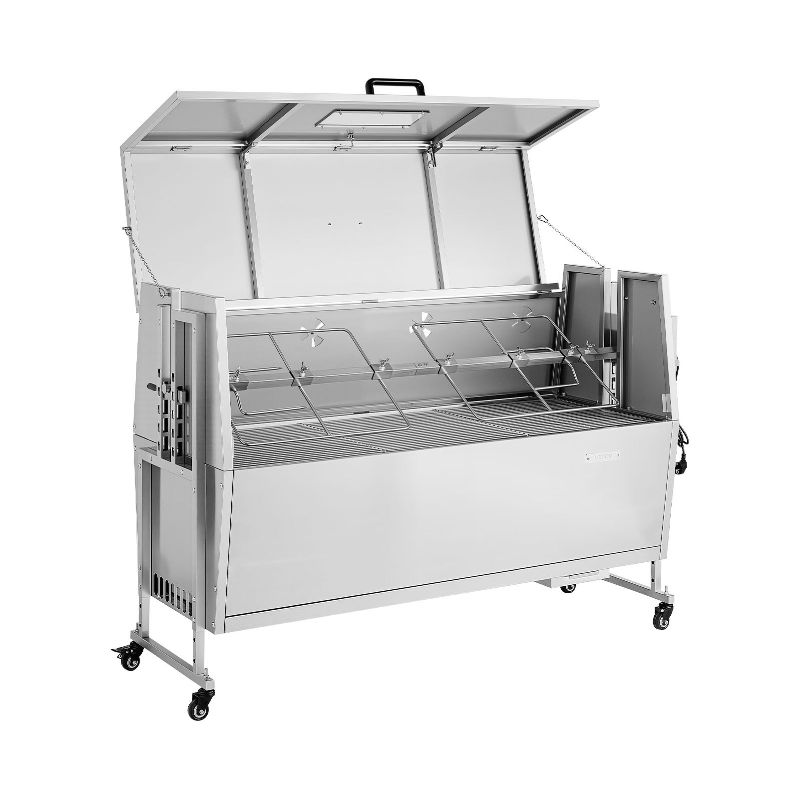 VEVOR Drehspießgrill 38 W Spanferkelgrill Lammgrill Holzkohlegrill (132 cm Grilllänge) mit 60 kg Tragkraft & Rädern & 4-facher Höhenverstellung & Deckel, Edelstahl-Elektrogrill-Set für Camping