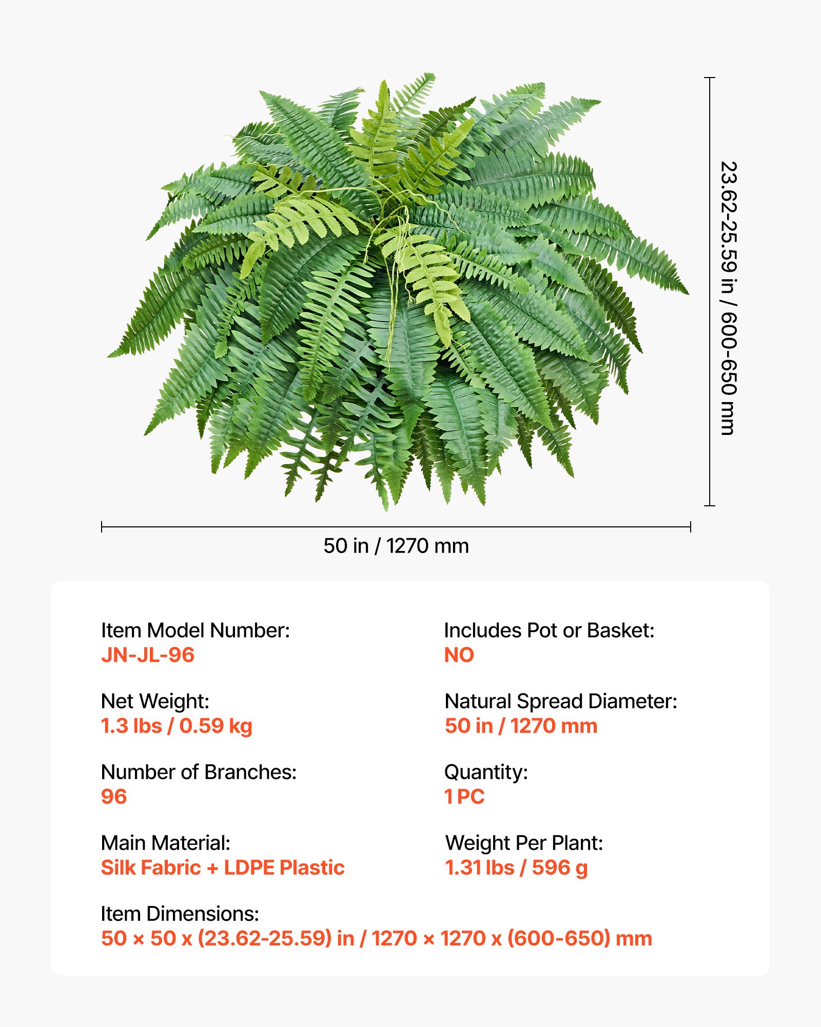 VEVOR Künstlicher Farn 127cm, 596g Künstliche Pflanzen mit 96 Wedeln aus Kunststoff & Seidenstoff, UV-beständiger Artifizieller Boston Farn für Haus Garten Balkon Büro Dekoration, ohne Blumentopf