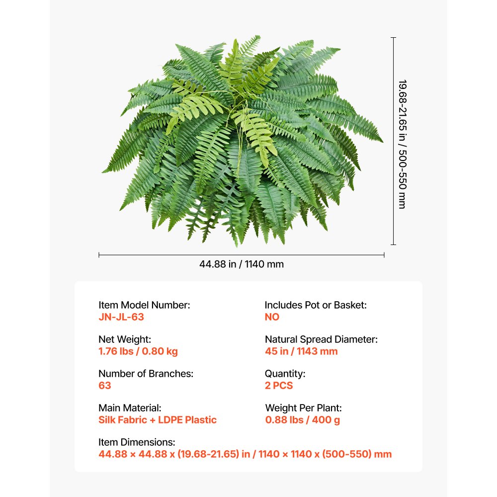VEVOR 2 Stk. Künstliche Farne, 1143 mm Künstliche Pflanzen mit 63 Wedeln aus Kunststoff & Seidenstoff, UV-beständige Artifizielle Boston Farne für Haus Garten Balkon Büro Dekoration, ohne Blumentopf