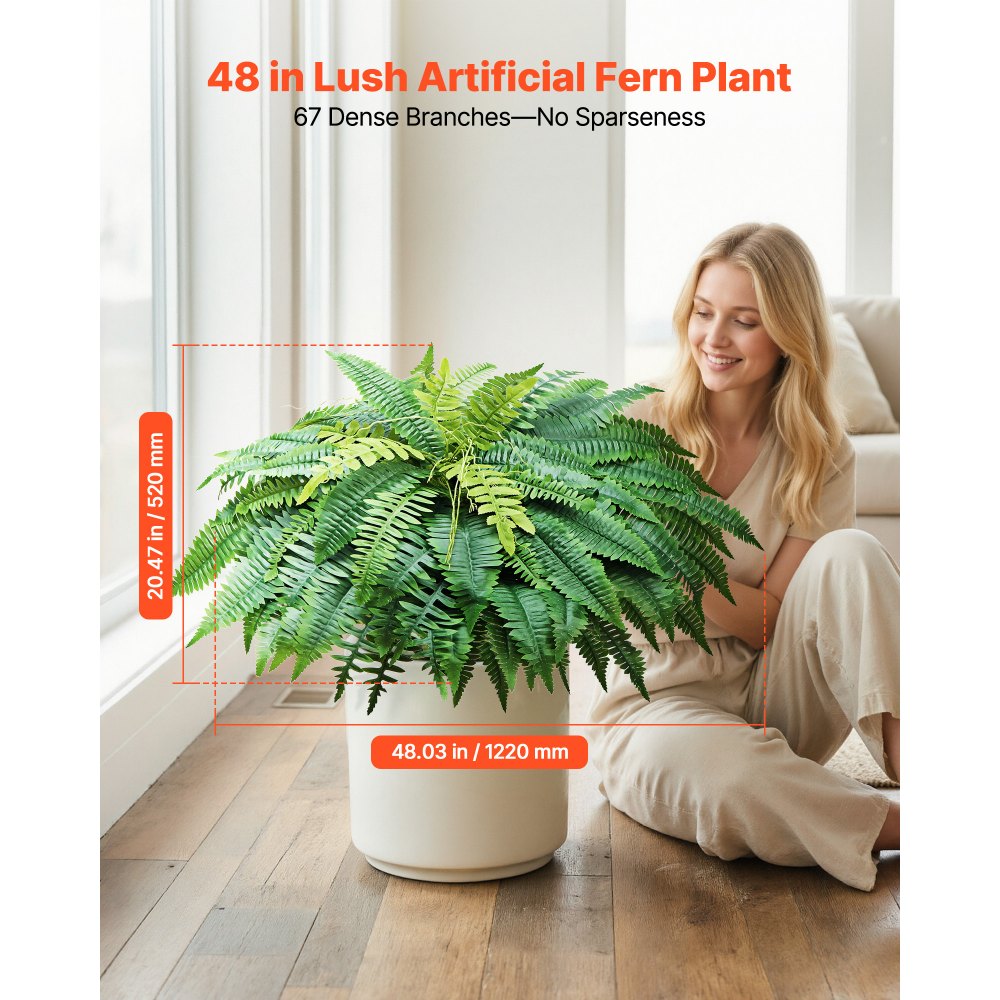VEVOR 2 Stk. Künstliche Farne, 1219 mm Künstliche Pflanzen mit 67 Wedeln aus Kunststoff & Seidenstoff, UV-beständige Artifizielle Boston Farne für Haus Garten Balkon Büro Dekoration, ohne Blumentopf