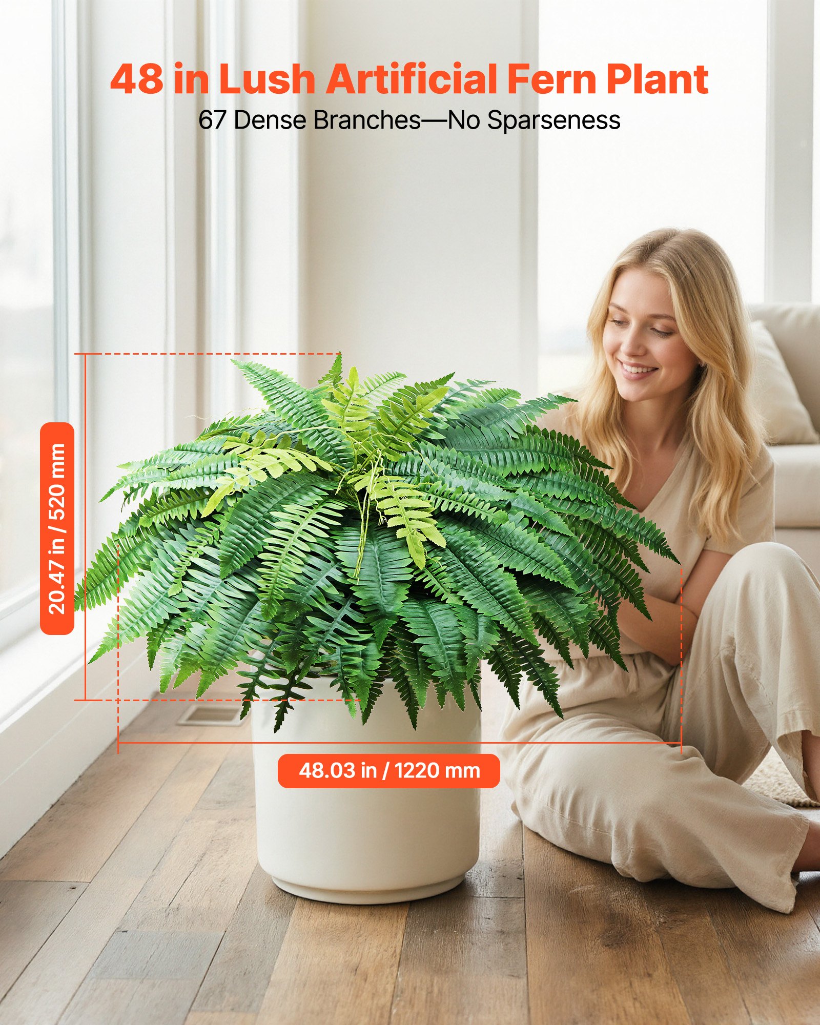 VEVOR 2 Stk. Künstliche Farne, 1219 mm Künstliche Pflanzen mit 67 Wedeln aus Kunststoff & Seidenstoff, UV-beständige Artifizielle Boston Farne für Haus Garten Balkon Büro Dekoration, ohne Blumentopf