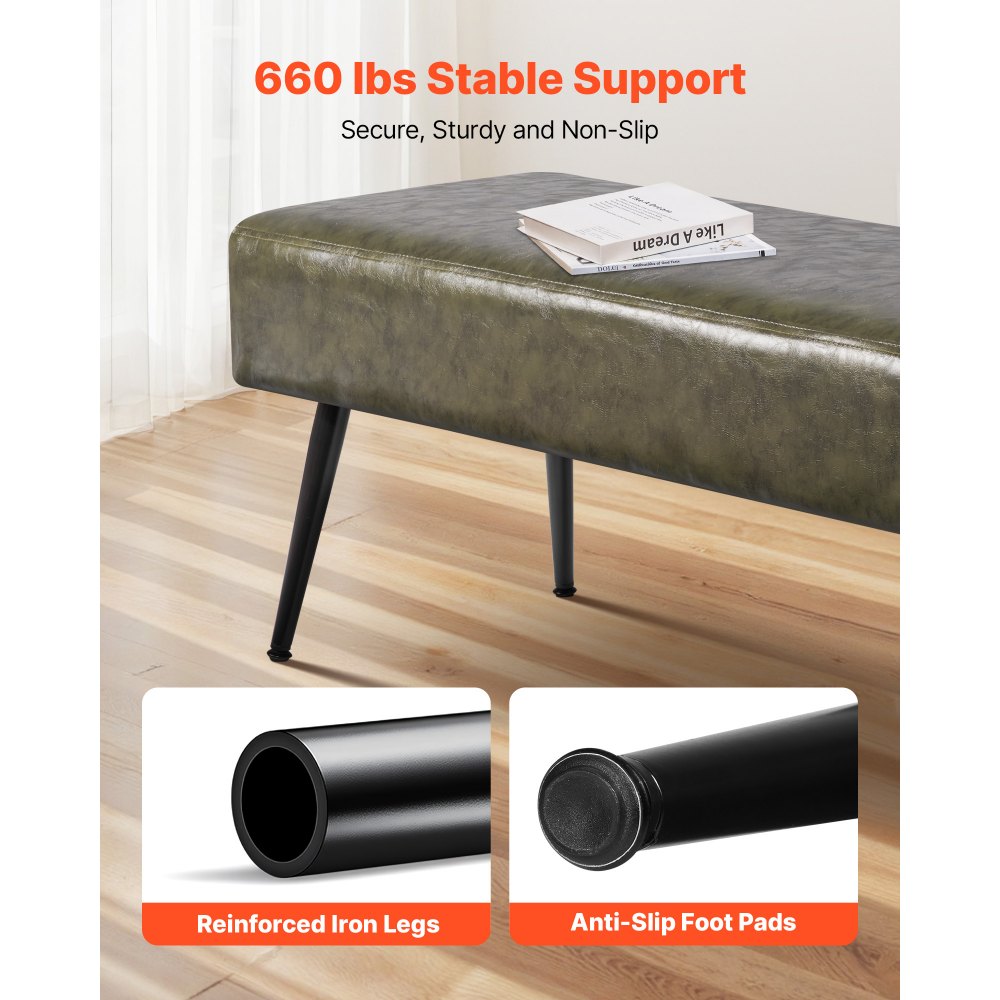 VEVOR Schlafzimmerbank Bettbank (40 x 110 x 43 cm) aus PU-Leder mit Metallbeinen & Nähten, gepolsterte Schuhbank mit 300 kg Tragkraft, moderne Fußbank Sitzbank für Wohnzimmer Esszimmer Flur Grün