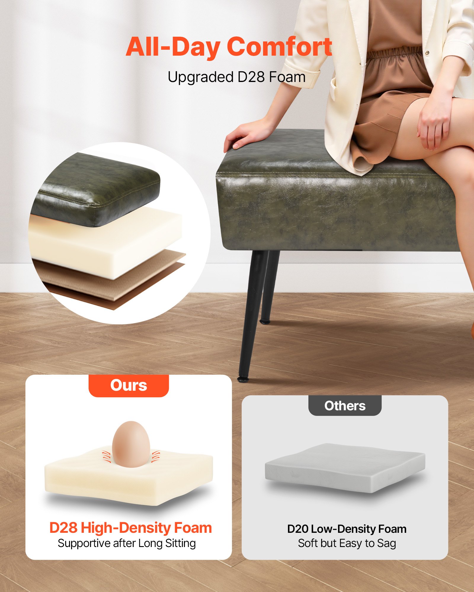 VEVOR Schlafzimmerbank Bettbank (40 x 110 x 43 cm) aus PU-Leder mit Metallbeinen & Nähten, gepolsterte Schuhbank mit 300 kg Tragkraft, moderne Fußbank Sitzbank für Wohnzimmer Esszimmer Flur Grün