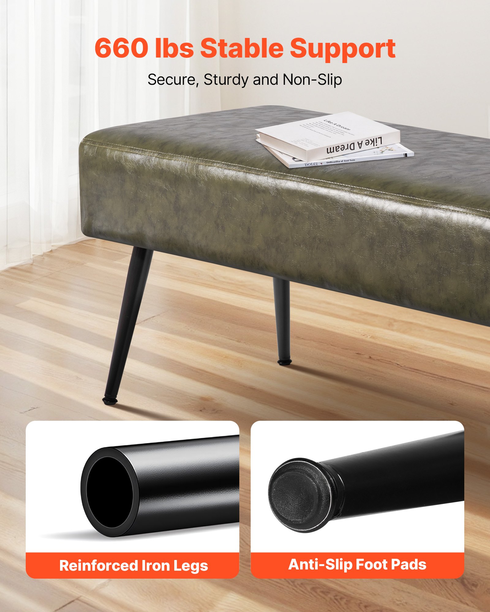 VEVOR Leather Bedroom Bench, PU Leather Bench with Metal Legs and with Stitching for Entryway, Upholstered Shoe Bench Seat, Modern End of the Bed Benches for Living Room, Dining Room, Hallway, Green