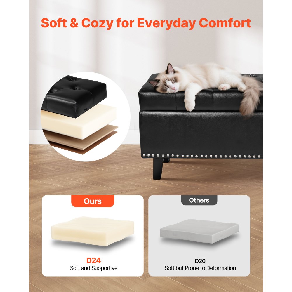 VEVOR Sitzbank Ottomane (415 x 1305 x 440 mm) aus PU-Leder mit Holzbeinen & Stauraum & Knopfheftung, moderne Schuhbank mit 300 kg Tragkraft, Bettbank Schlafzimmerbank für Wohnzimmer Schwarz