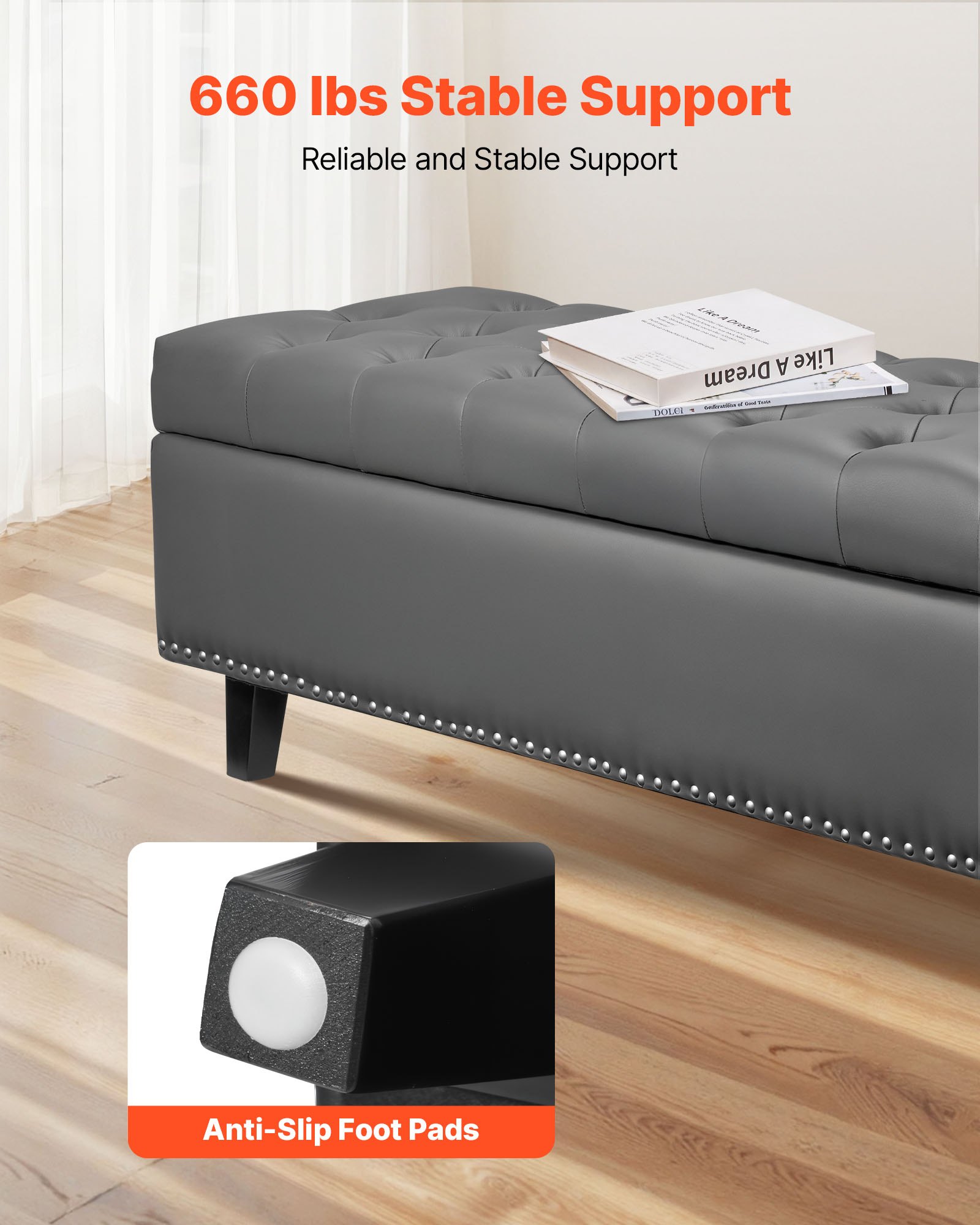 VEVOR Button-Tufted Storage Ottoman Bench, PU Leather Bench with Storage and Solid Wood Legs, Modern Shoe Benches Seat for Entryway, Upholstered End of Bed Benches for Living Room, Dining Room, Gray