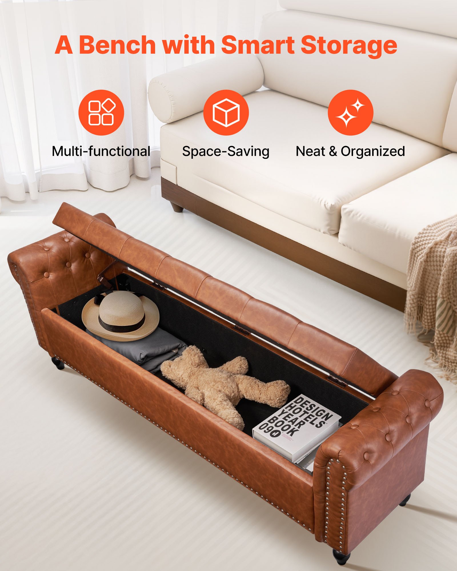 VEVOR Sitzbank Ottomane (460 x 1660 x 560 mm) aus PU-Leder mit Holzbeinen & Stauraum & Knopfheftung, moderne Schuhbank mit 300 kg Tragkraft, Bettbank Schlafzimmerbank für Wohnzimmer Esszimmer Braun