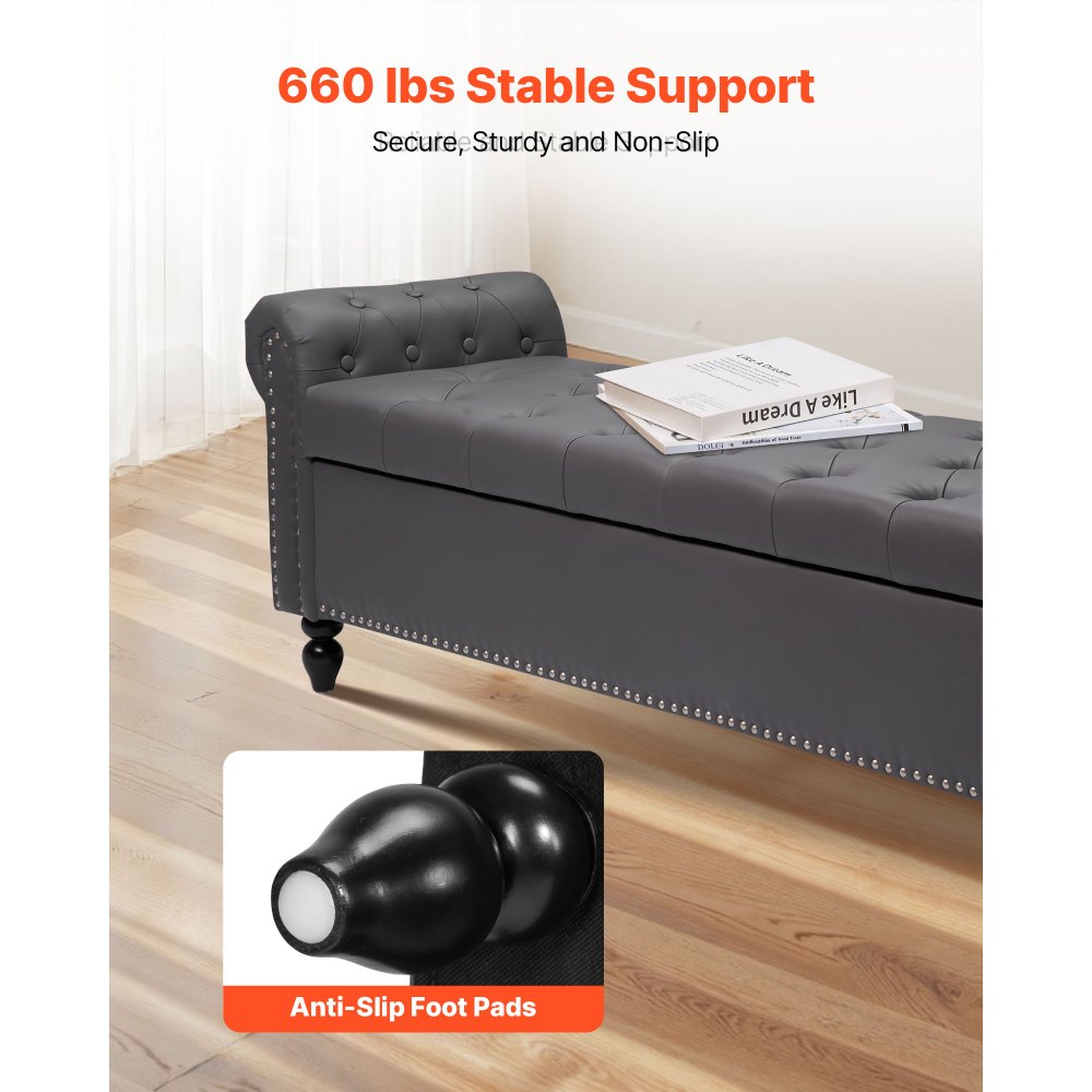 VEVOR Sitzbank Ottomane (460 x 1660 x 560 mm) aus PU-Leder mit Holzbeinen & Stauraum & Knopfheftung & gerollten Armlehnen, Schuhbank mit 300 kg Tragkraft, Bettbank Schlafzimmerbank Grau