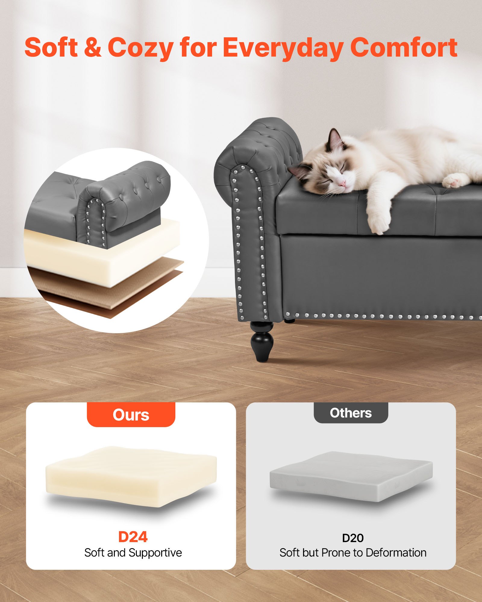 VEVOR Button-Tufted Storage Ottoman Bench, Rolled Arm PU Leather Bench with Solid Wood Legs, Modern Shoe Benches Seat for Entryway, Upholstered End of Bed Benches for Living Room, Dining Room, Gray