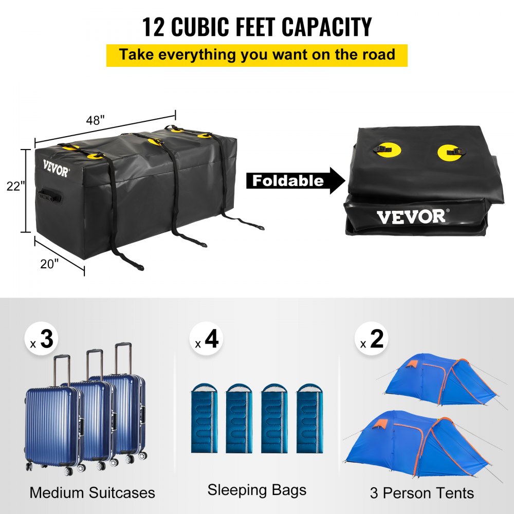 VEVOR Auto Dachbox 0,34 m3 Faltbare Schwarzer Dachkoffer Aufbewahrungsbox Wasserdichte Dachtasche Dachgepäckträger Tasche Auto Aufbewahrungsbox für