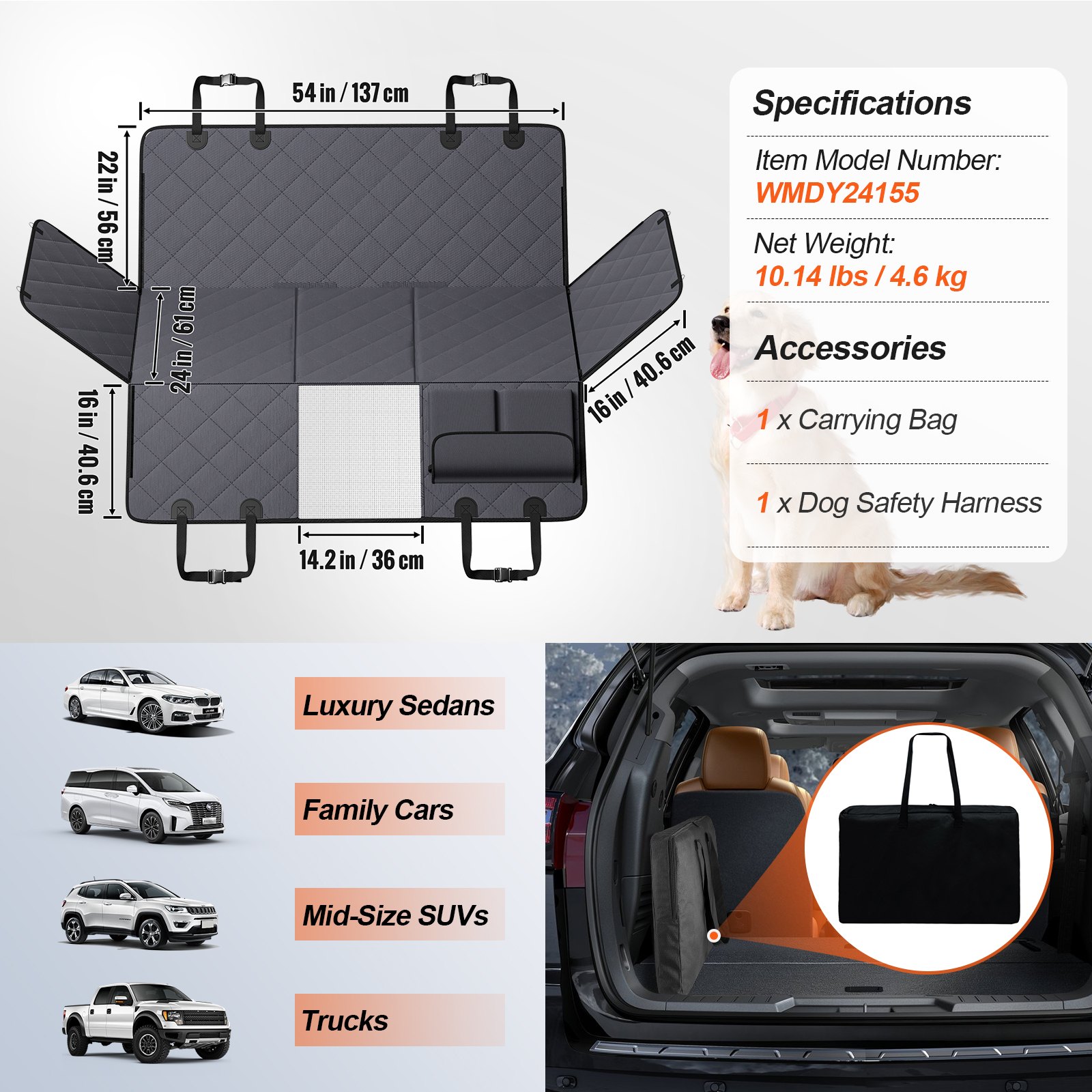 VEVOR Car Seat Cover for Dogs, Back Seat Dog Blanket for Car Backseat, Dog Car Blanket with Hard Backing for the Back Seat, 137 x 61 cm, up to 180 kg, with Mesh Window and Storage Bag for Car, SUV
