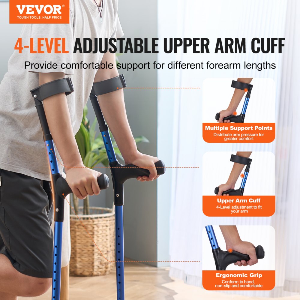 VEVOR Adult Forearm Crutches, 11-Level Height Adjustable Walking Crutches with 4-Level Top Cuff, Lightweight Aluminum Medical Support Crutches for Disabled People After Leg Injuries and Surgery, 1 Pair (350 lbs)