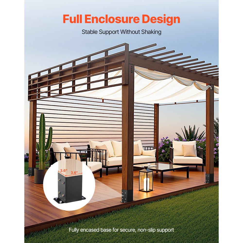 VEVOR 4x4 Aufschraubhülse, 10 Stk., Innenmaß 91,44 x 91,44 mm, Pfostenträger, Bodenhülse aus Karbonstahl, Holzpfostenhalterungen für Pavillon-Terrassengeländer, Stützdeck-Grundplatte, schwarz