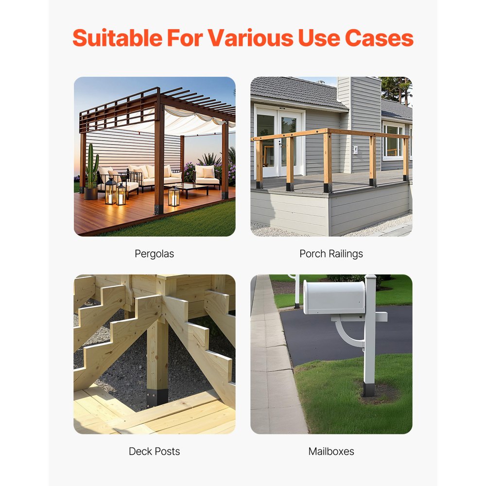 VEVOR 4x4 Aufschraubhülse, 10 Stk., Innenmaß 91,44 x 91,44 mm, Pfostenträger, Bodenhülse aus Karbonstahl, Holzpfostenhalterungen für Pavillon-Terrassengeländer, Stützdeck-Grundplatte, schwarz
