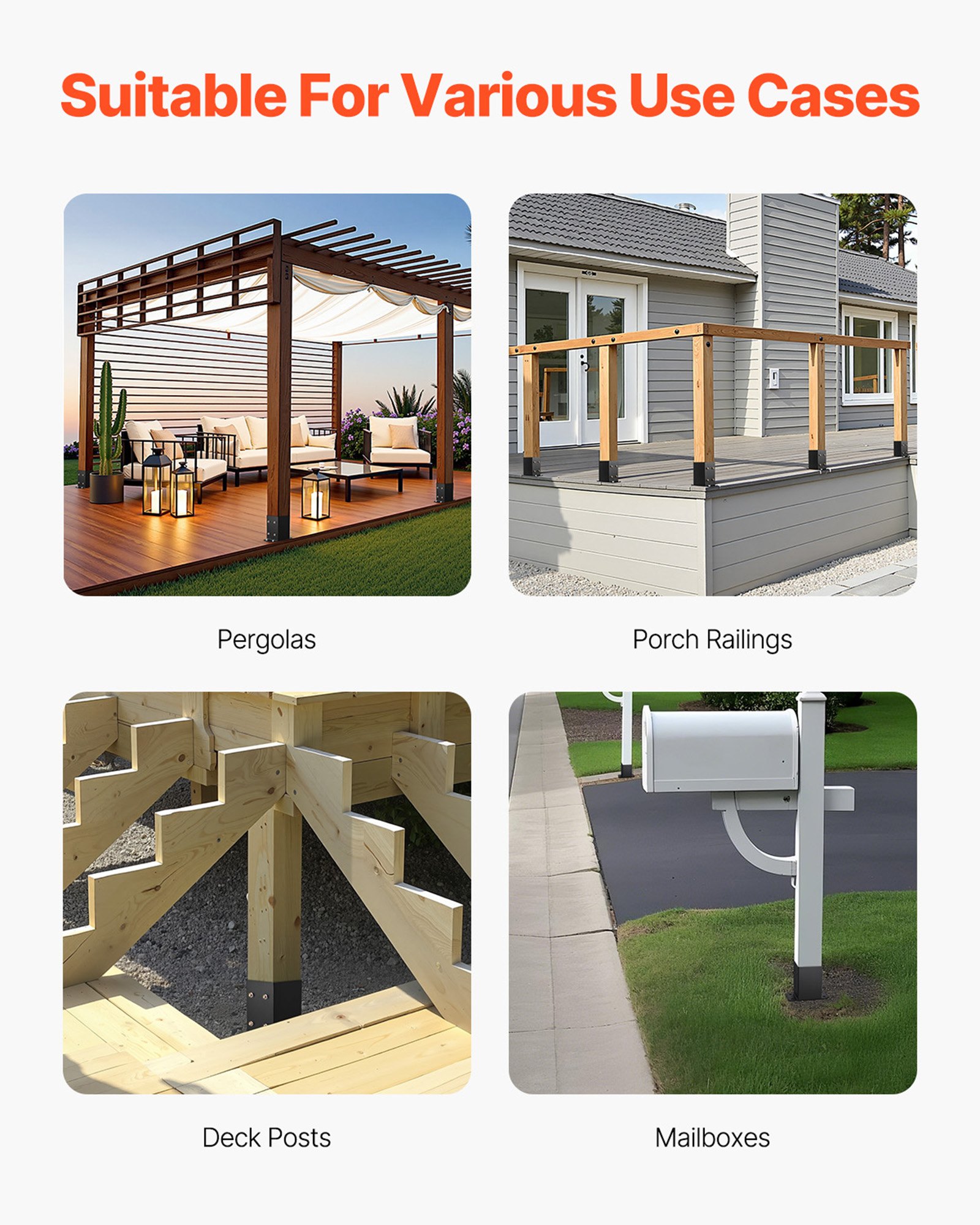 VEVOR 4x4 Aufschraubhülse, 10 Stk., Innenmaß 91,44 x 91,44 mm, Pfostenträger, Bodenhülse aus Karbonstahl, Holzpfostenhalterungen für Pavillon-Terrassengeländer, Stützdeck-Grundplatte, schwarz