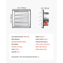 VEVOR Lüftungsgitter Edelstahl, Wetterschutzgitter 189x189x80 mm, Lamellengitter mit geräuschreduzierender Gummidichtung, Abluftgitter für Haus, Badezimmer, Garage, Küche, Keller (1 Stk., Silber)