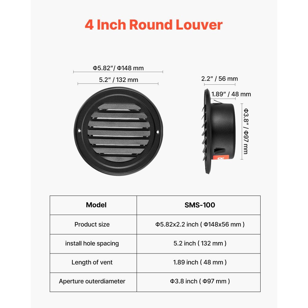 VEVOR Lüftungsgitter Edelstahl φ 148 x 56 mm, Abluftgitter mit Lamellen, Außengitter mit Insektenschutz, Wetterschutzgitter für Haus, Badezimmer, Garage, Küche, Keller (2er-Set, schwarz)