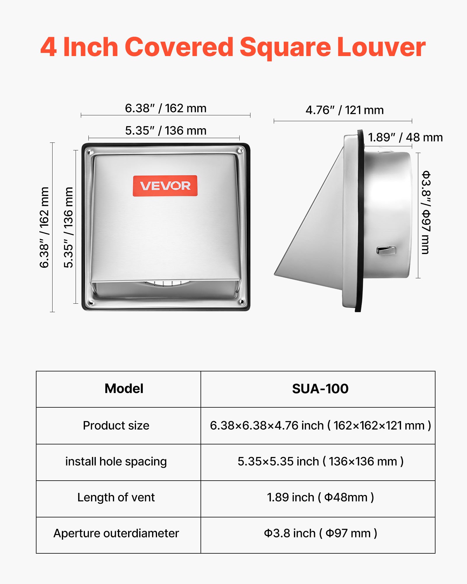 VEVOR 97mm External Extractor Wall Vent Cover, Square AC Vent Gable Cover, Premium Stainless Steel & with Built-in a Protection Screen, for House,Bathroom,Garage,Kitchen,Basement (1 Pack, Silver)