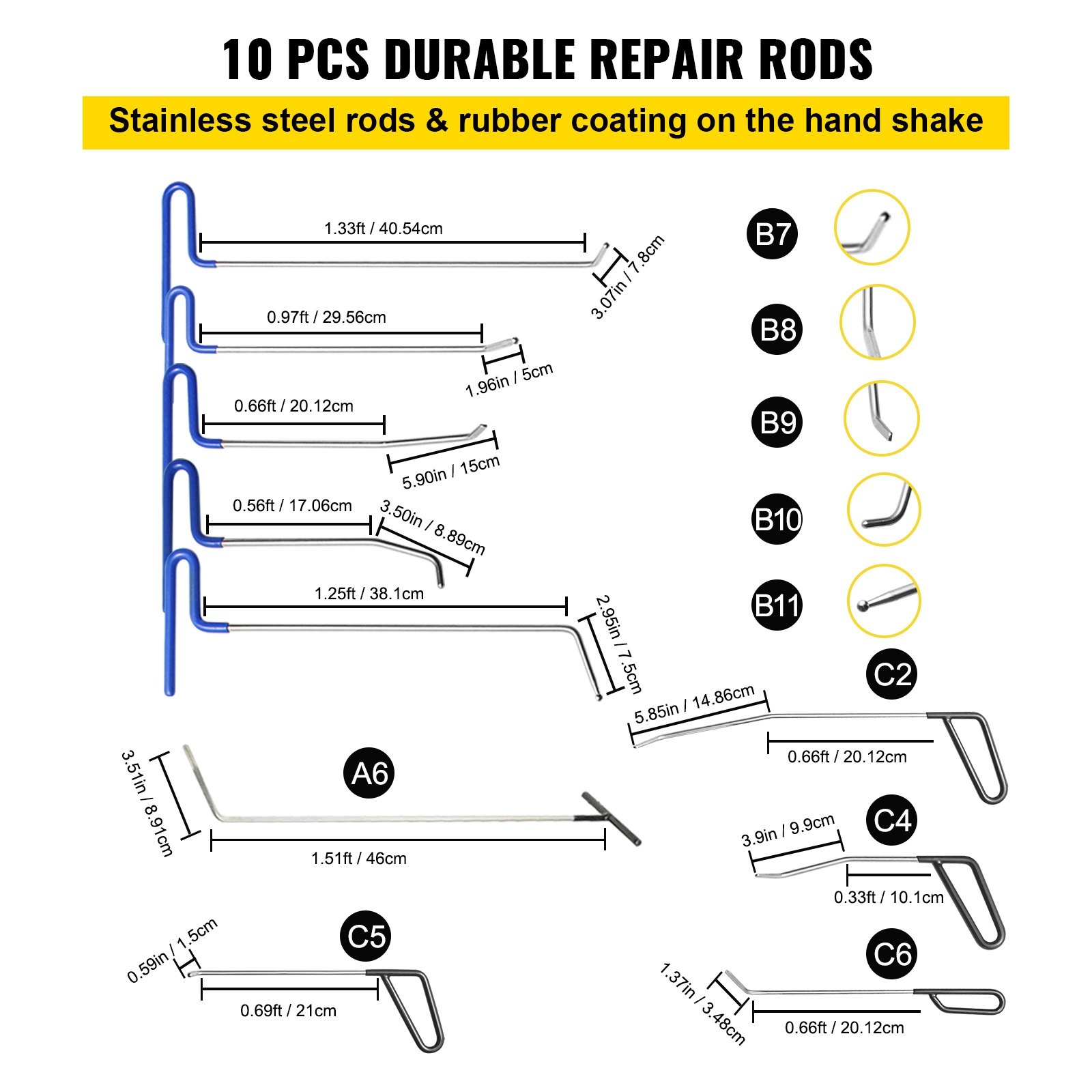 VEVOR 89-teilig Auto Dellen Reparaturset, Paintless Ausbeulwerkzeug, Dent Repair Set Removal Dent Tool, T-förmigen Dellen Abzieher / 10 Stangen (A6, B7-B11, C2, C4-C6) / Goldener Dellenheber