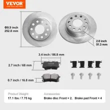 VEVOR Hinterradbremsen-Set, kompatibel mit Audi A3 (8P), VW Golf 5 6, Seat LEON, SKODA OCTAVIA, ALTEA, Bremsscheiben, Keramik-Bremsbeläge, Ersatzset, 253 mm Hinterradscheiben