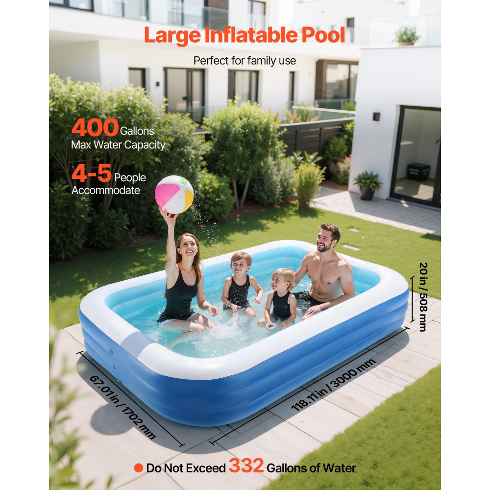 VEVOR Aufblasbarer Pool, 3000 x 1702 x 508 mm, Planschbecken, Schwimmbecken mit Reparaturflicken, Familienpool, Sommer-Wasserparty, Ideal für gemeinsamen Wasserspaß mit der ganzen Familie