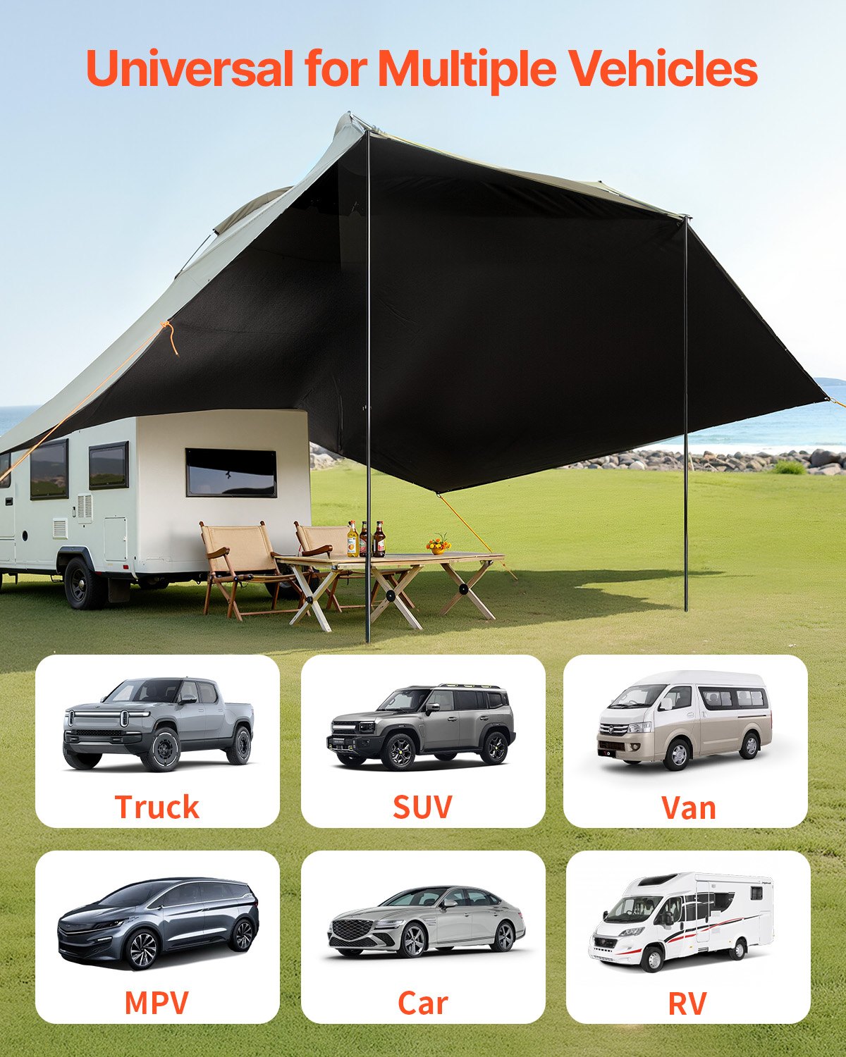 VEVOR Sonnensegel Wohnwagen 3x2,1m Sonnenvordach Wohnmobil UV50+ UV-Schutz Markise 190-T-Polyestergewebe Vorzelt PU2000mm Wasserdicht inkl. tragbarer Tasche Ideal für Camping Familientreffen Ausflüge