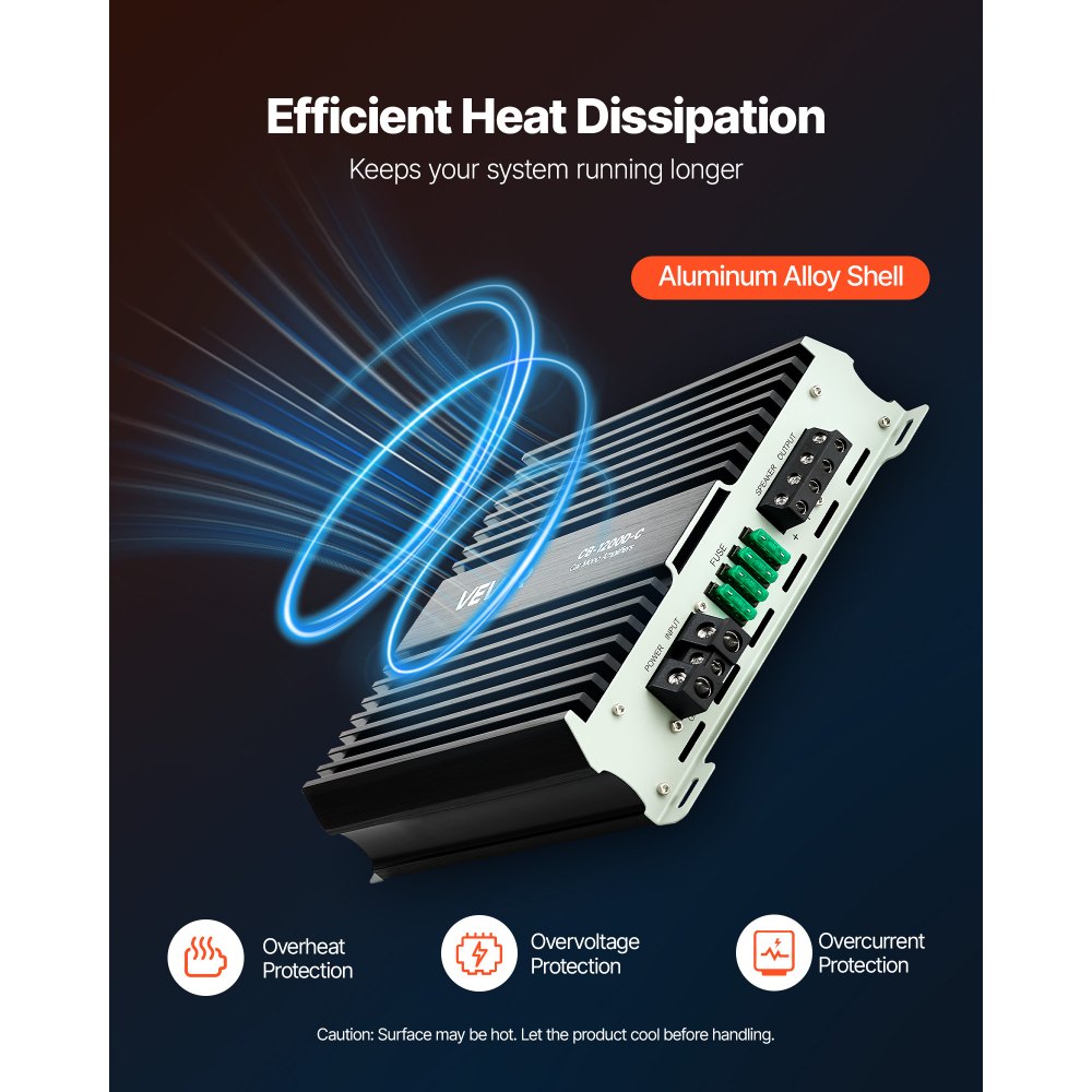 VEVOR Monoblock Car Amplifier, 1200W RMS MAX, 1/2/4 Ohm Stable, 1-Channel Class D Car Audio Amplifier with Remote Subwoofer Level Control, Low Pass Filter, Bass Boost & Phase Shift, Volume Controller