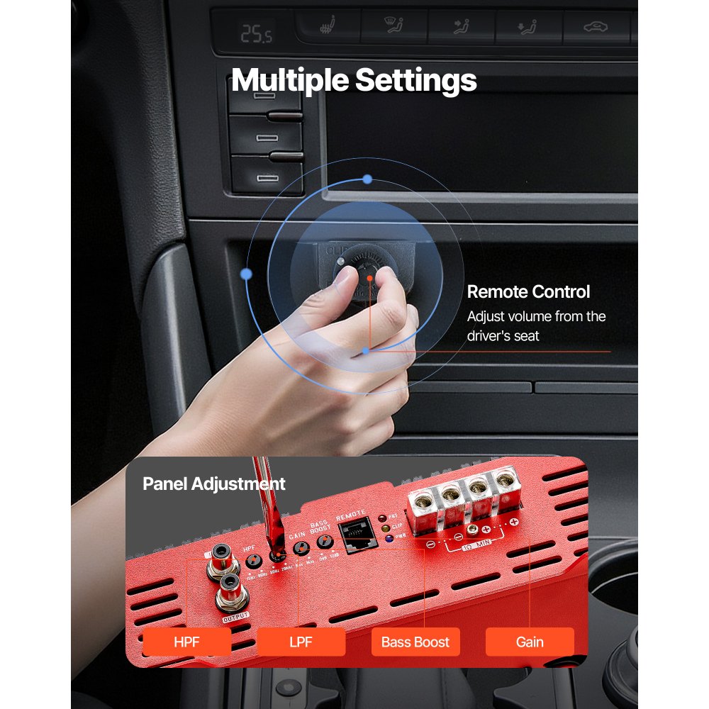 VEVOR Monoblock Autoverstärker 1500 W RMS MAX 1/2/4 Ohm, Audioverstärker (Klasse D / 1-Kanal) mit ferngesteuerter Subwoofer-Pegelregelung Tiefpassfilter Bassverstärkung Lautstärkeregler