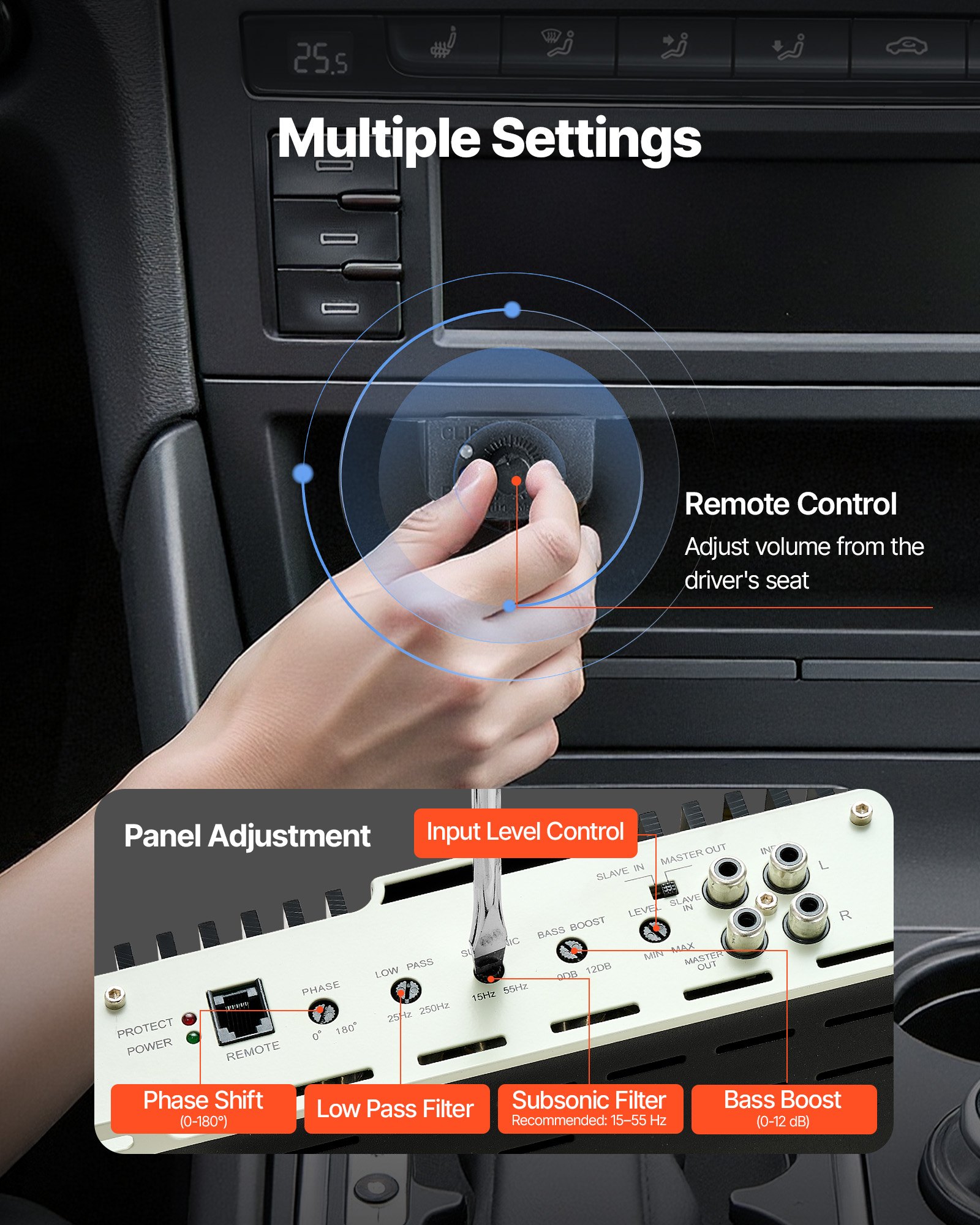 VEVOR Monoblock Autoverstärker 400 W RMS MAX 1/2/4 Ohm, Audioverstärker (Klasse D) mit ferngesteuerter Subwoofer-Pegelregelung Tiefpassfilter Bassverstärkung Phasenverschiebung Lautstärkeregler