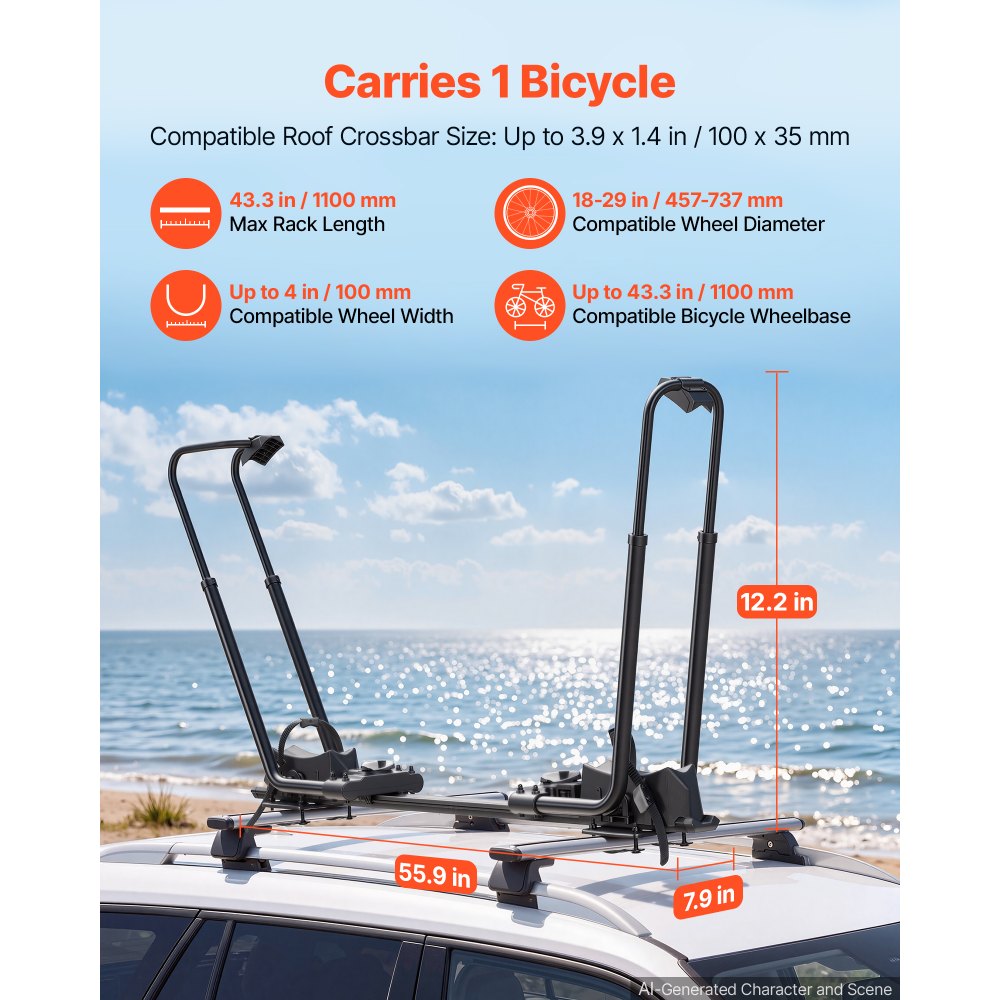 VEVOR Roof Bike Rack 20 kg 1 Bike Carrier Foldable Upright Dual-Arm Rack, for Car SUV, Aluminum Alloy & Q235 Steel, Rooftop Mount with Secure Locking System for Bicycle Storage and Transport, Black