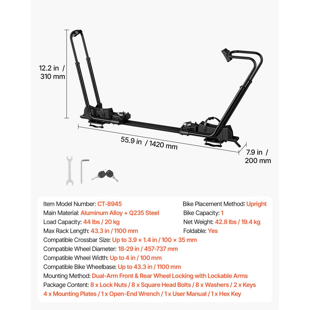 VEVOR Roof Bike Rack 20 kg 1 Bike Carrier Foldable Upright Dual-Arm Rack, for Car SUV, Aluminum Alloy & Q235 Steel, Rooftop Mount with Secure Locking System for Bicycle Storage and Transport, Black