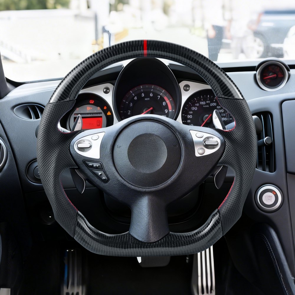 VEVOR Lenkrad für Nissan 370Z (2008–2020), Volant aus Kohlefaser D-förmig, unten abgeflacht, Ledergriff mit rutschfester Oberfläche & präziser Naht, Ersatzteil für Nissan 370Z, Schwarz