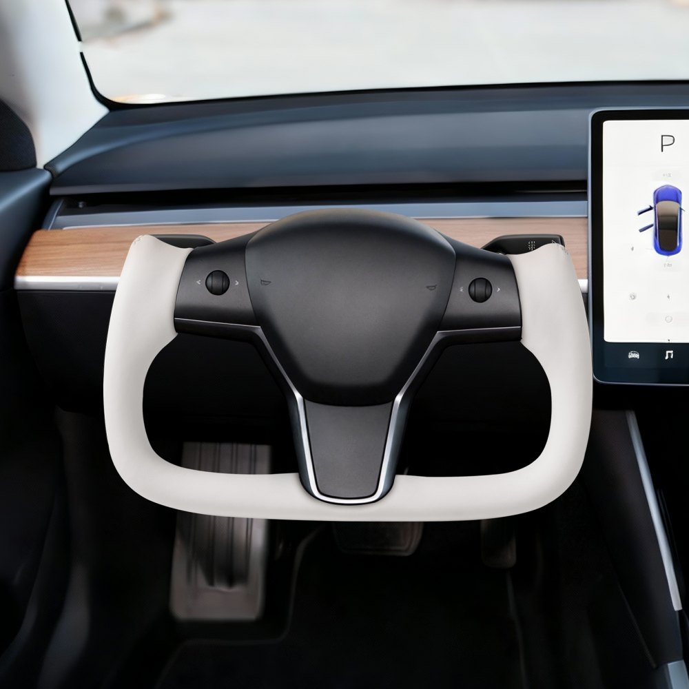 VEVOR Lenkrad für Tesla Model 3 (2016–2023), Volant aus Kohlefaser D-förmig, unten abgeflacht, mit Heizfunktion, Ledergriff mit rutschfester Oberfläche, Ersatzteil für Model 3, Weiß