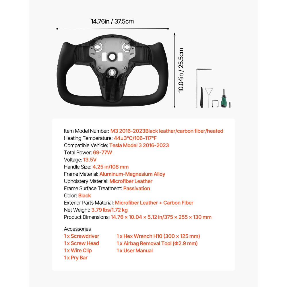 VEVOR Lenkrad für Tesla Model 3 (2016–2023), Volant aus Kohlefaser D-förmig, unten abgeflacht, mit Heizfunktion, Ledergriff mit rutschfester Oberfläche, Ersatzteil für Model 3, Schwarz
