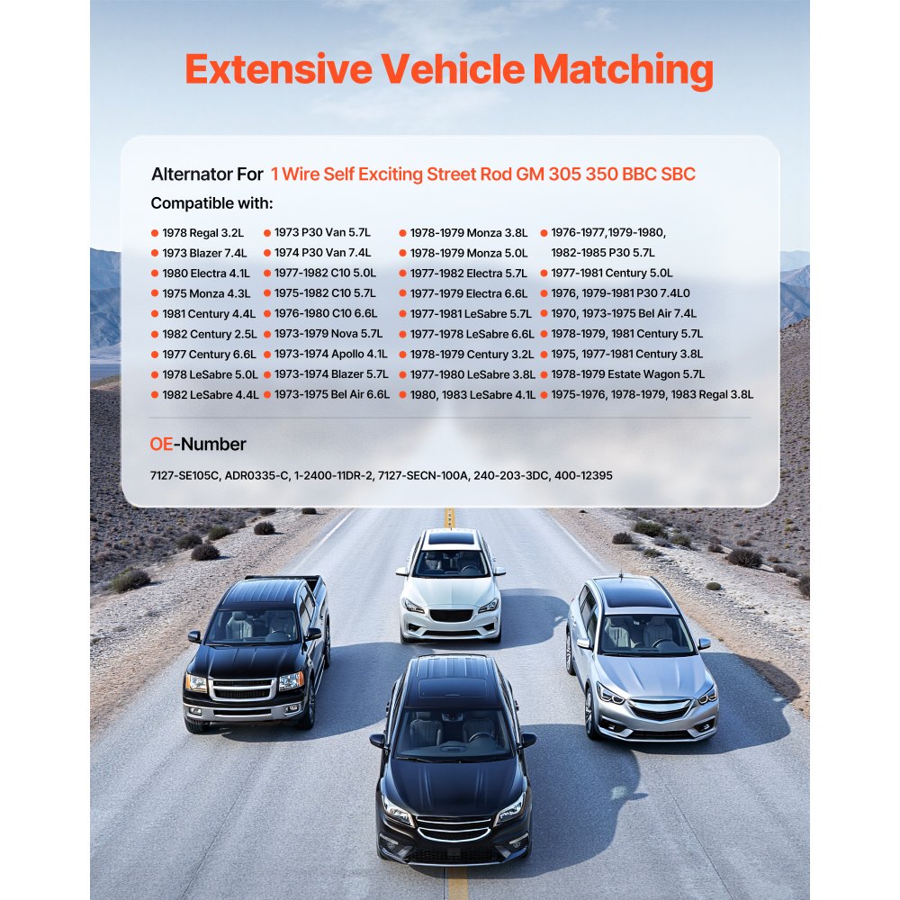 VEVOR Car Alternator 7127-SE105C, Fit for 1 Wire Self Exciting Street Rod GM 305 350 BBC SBC, 1973-1974 Apollo 4.1L, 1982 Century 2.5L, Automotive Replacement Alternator 1-2400-11DR-2, 7127-SECN-100A