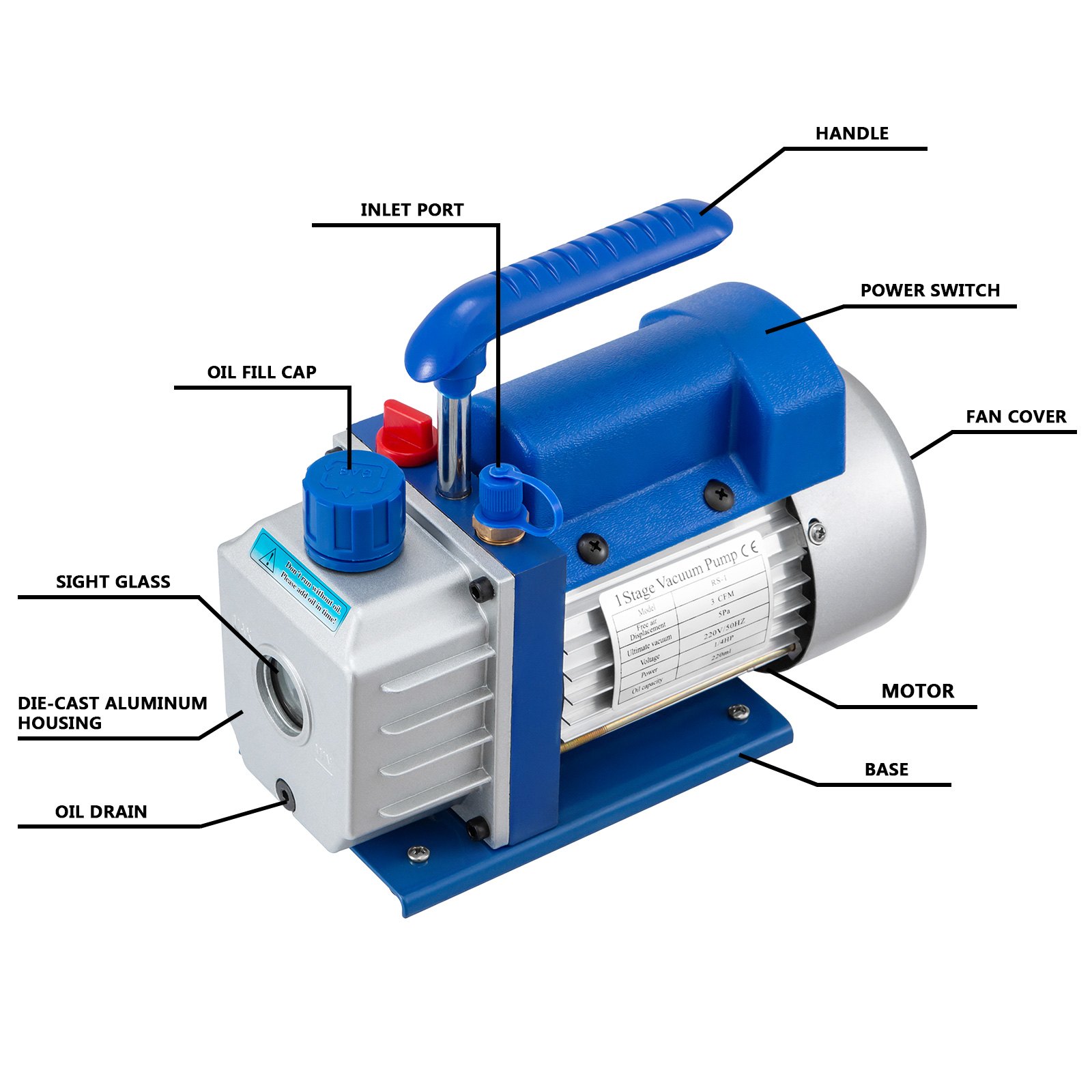 3 Cfm Vakuumpumpe Unterdruckpumpe 1-stufig 85 L/min Drehschieber Ac Vacuum Pump