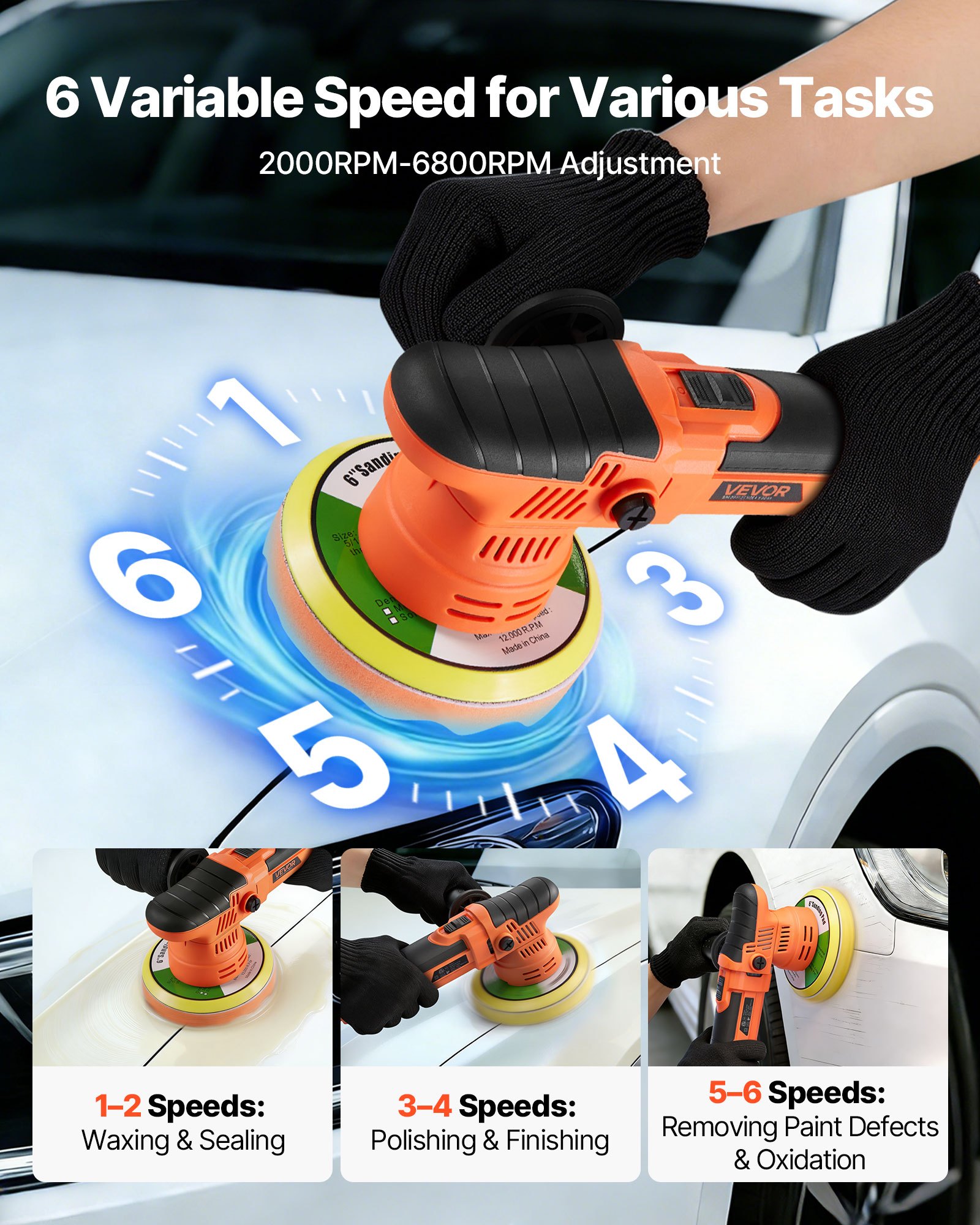 VEVOR Poliermaschine Auto, 150 mm Rotierender Autopolierer mit 6 Geschwindigkeiten 2000-6800 U/min 9mm Exzenter, 650W Schleifmaschinen mit Polierpad, Poliergerät für Wachsen Polieren Kratzerentfernung