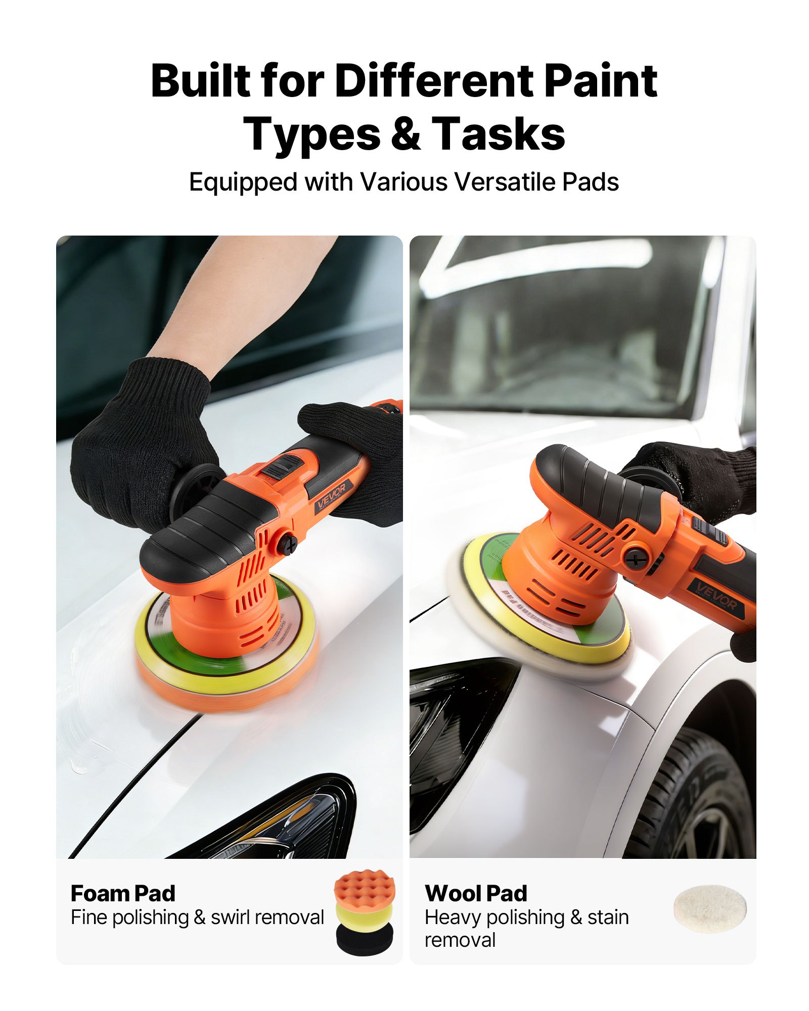 VEVOR Poliermaschine Auto, 150 mm Rotierender Autopolierer mit 6 Geschwindigkeiten 2000-6800 U/min 9mm Exzenter, 650W Schleifmaschinen mit Polierpad, Poliergerät für Wachsen Polieren Kratzerentfernung