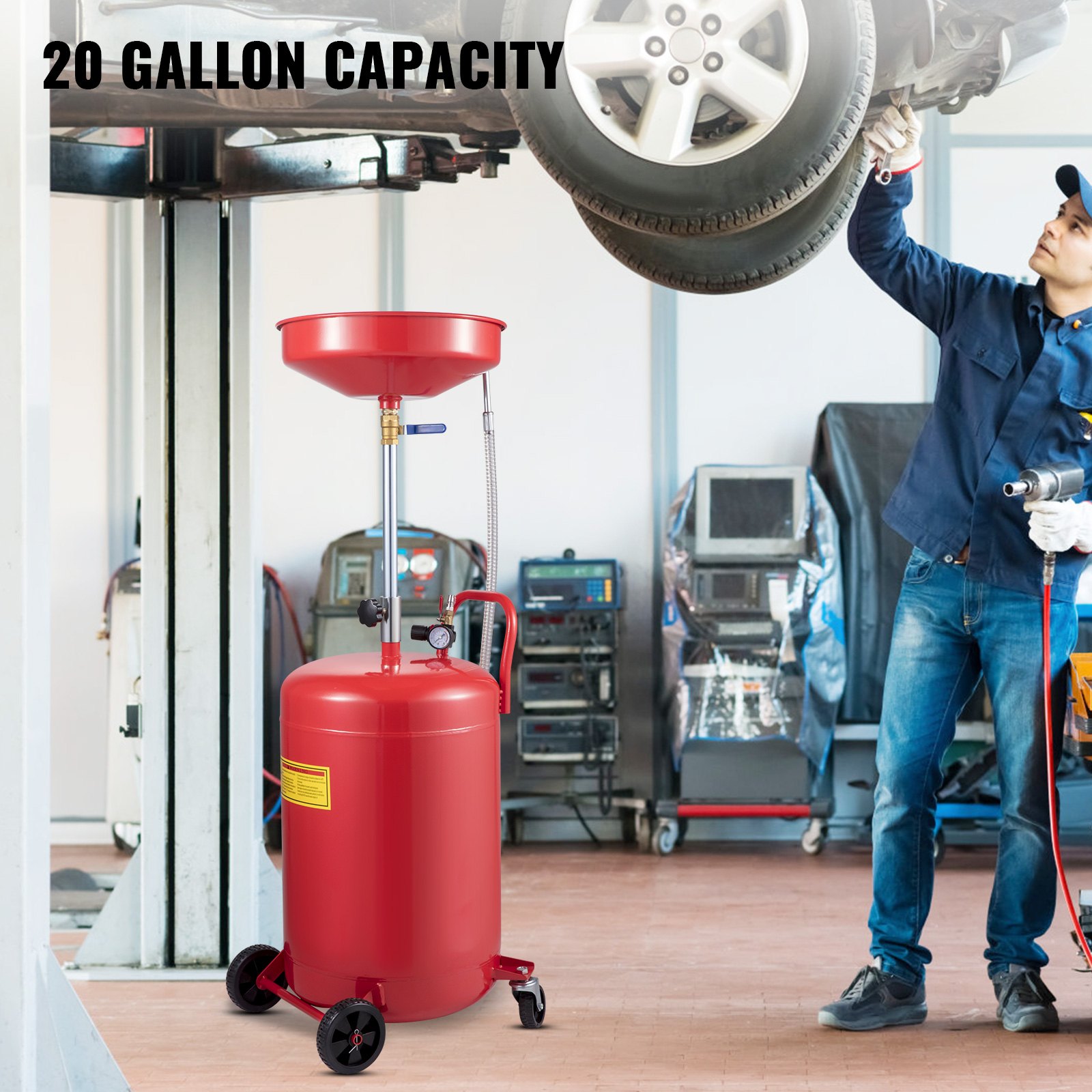 VEVOR Oil Drain Trolley 75 L Oil Collection Device, Used Motor Oil Collection Container, Oil Extractor with Air Valve, Liquid Fuel Transfer Drain, 38.5 cm Hopper Height, with Wheel for Easy Oil Removal