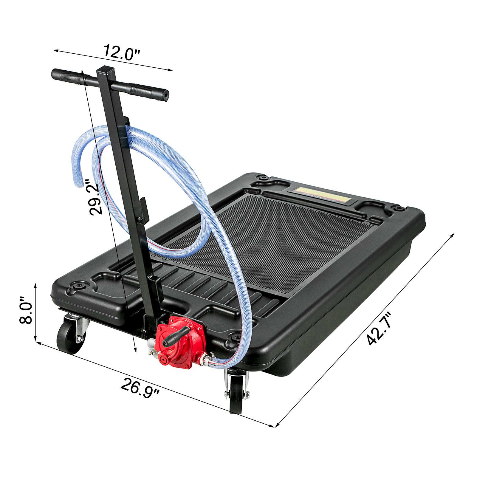 OldFe oil drain pump 17 L, oil drain pan with 244 cm long hose, oil collection device with 4 robust 10 cm swivel casters and T-shaped long handle, for draining oil or antifreeze oil