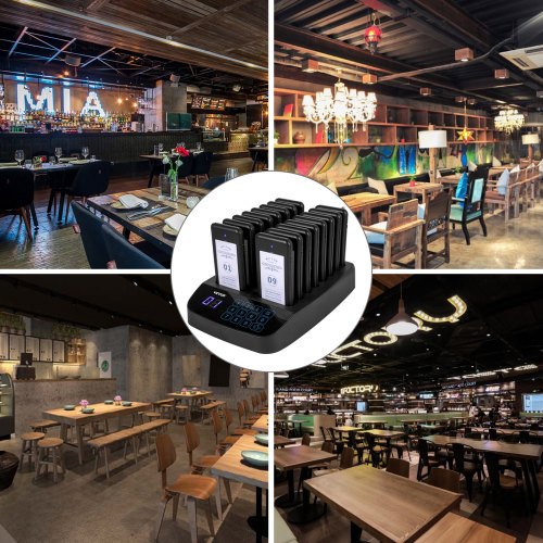 VEVOR 16-Pager-Rufsystem Für Restaurants – 98 Kanäle, Touchscreen, 300-500 M Reichweite, Vibration/Blink/Summer – Kabelloses Kundenrufsystem Für Cafés, Bars, Hotels, Kliniken