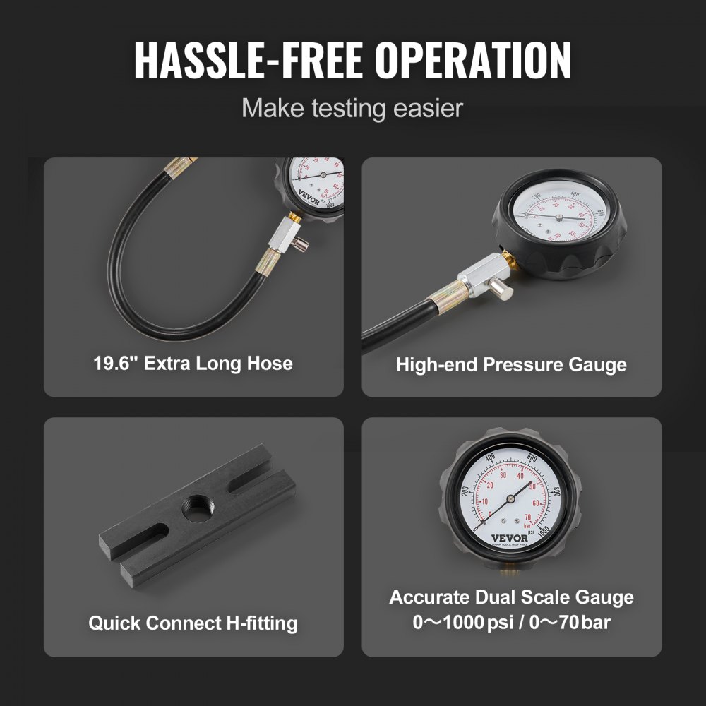 VEVOR Kompressionsmesser Kompressionstester Kompressionsprüfer Testgerät Kompressionsmessgerät mit einem 80-mm-Manometer 0–1000 PSI und 0–70 bar Verdichtungsmesser inkl. 4x Adapter