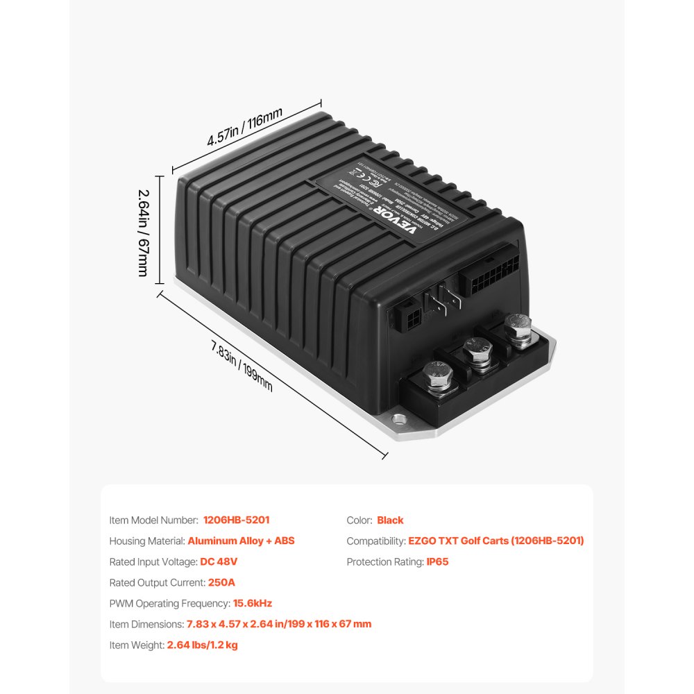 VEVOR Speed Controller for Golf Carts, 48V 250A Replacement for DC Motor Controller for EZGO TXT Golf Carts, IP65 Protection, Aluminum ABS Housing, Compatible with Model 1206HB-5201