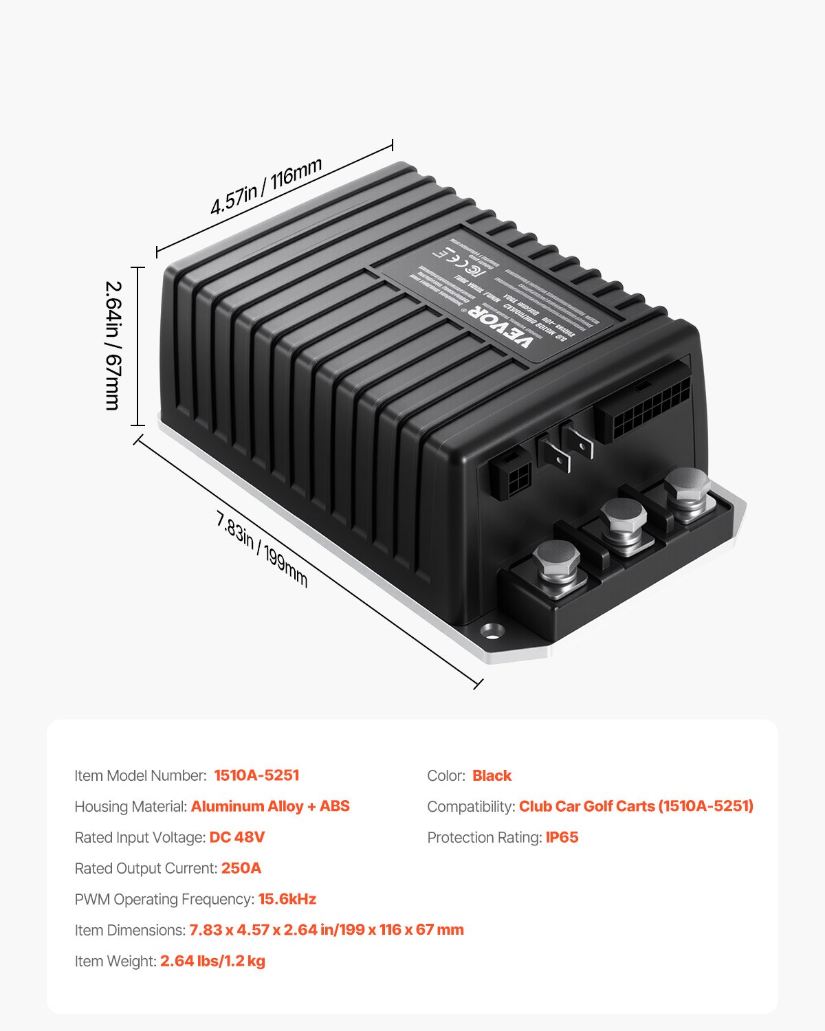 VEVOR Geschwindigkeitsregler Golfwagen, 48 V 250 A, Ersatz für Gleichstrommotor-Controller für Club Car Golfwagen 2000–2008, Schutzart IP65, Gehäuse aus Alu ABS, kompatibel mit Modellen 1510A-5251