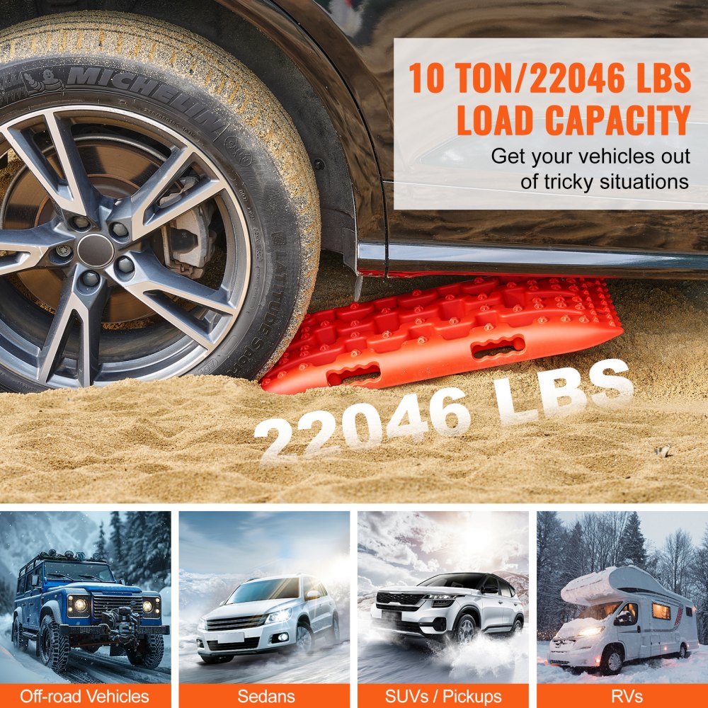 VEVOR 10 TONNEN Traktionsbretter mit PP-Material, Bergungsbretter für Geländefahrzeuge/Autos/Pickups/SUVs/Wohnmobile, Paar Reifen-Traktionsmatten auf Schnee, Sand, Schlamm und losem Untergrund, Aufbewahrungstasche, kurz, rot