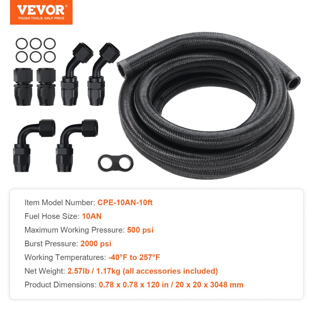 VEVOR 10-AN fuel line kit, 3048 mm fuel hose kit, 13.97 mm nylon stainless steel braided fuel line oil/gas hose end fitting kit, 7-piece swivel joint adapter set