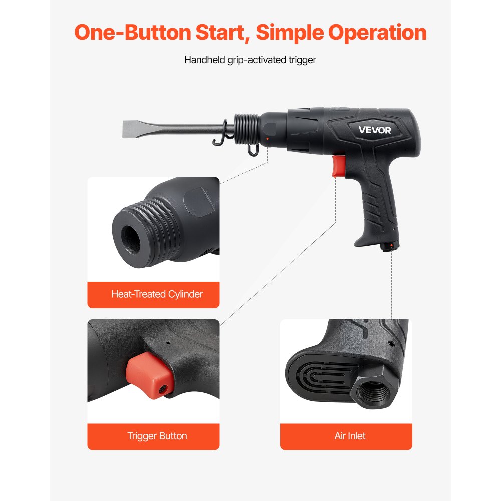 VEVOR Druckluft Meißelhammer, 2500–2700 BPM, pneumatischer Hammer mit 70 mm Hub & 4 Stk. 170 mm lange Meißel, kompakter Druckluftmeißel mit Pistolengriff, zum Schneiden, Schaben & Abreißen