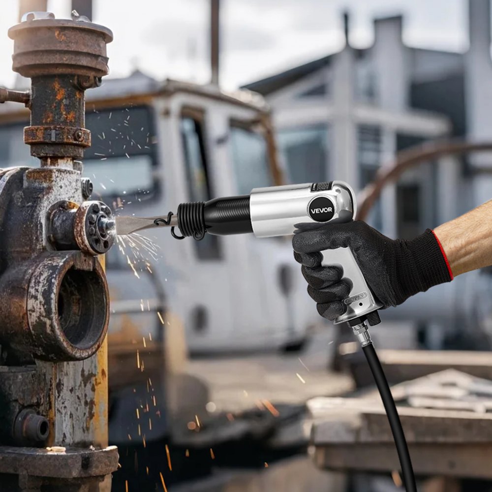 VEVOR Druckluft Meißelhammer, 3500 BPM Pneumatischer Hammer mit 70mm Hub & 4 Meißeln mit rundem Schaft, kompakter Druckluftmeißel mit Pistolengriff, Schaufelwerkzeug zum Schneiden, Stanzen, Schaben