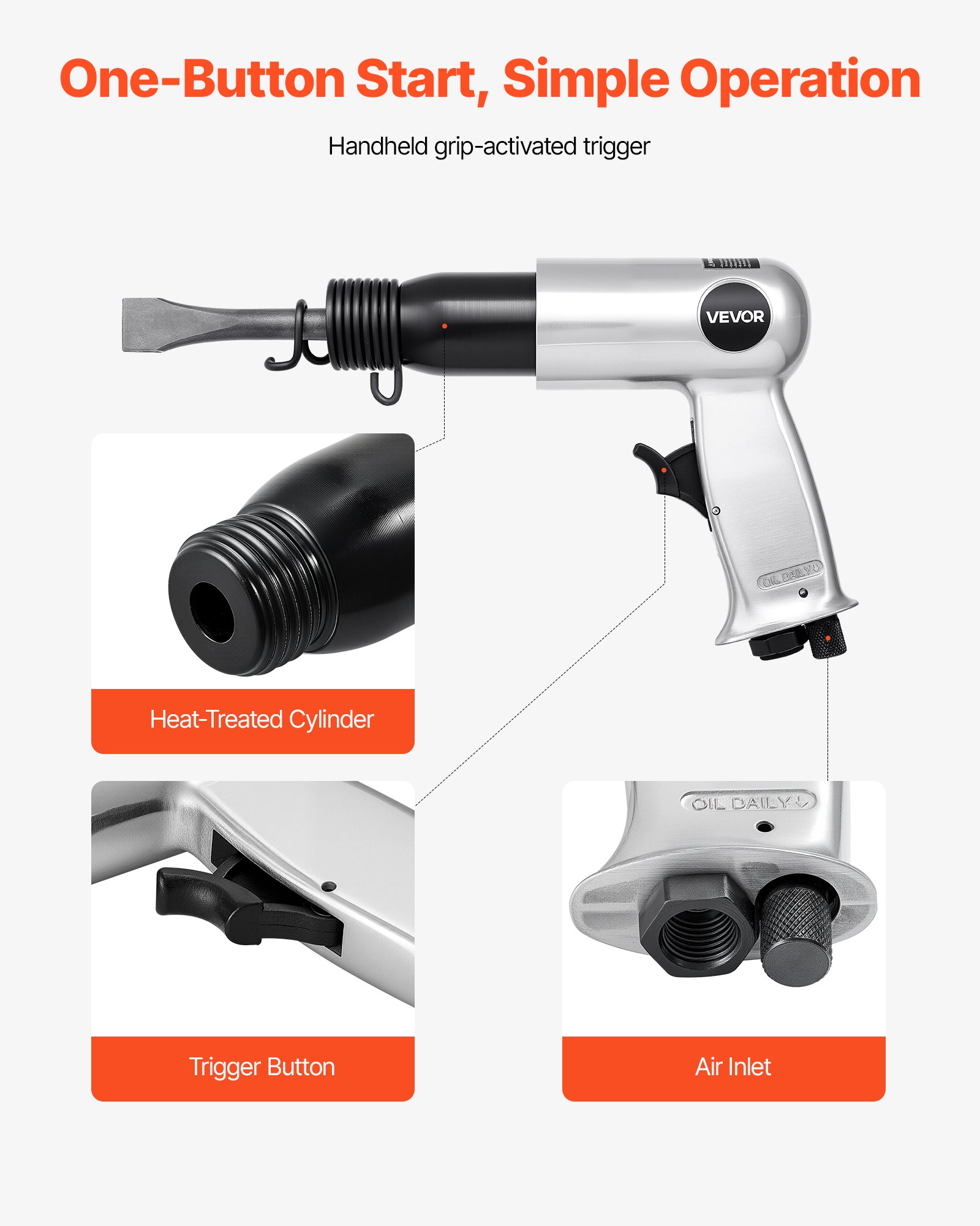 VEVOR Druckluft Meißelhammer, 3500 BPM Pneumatischer Hammer mit 70mm Hub & 4 Meißeln mit rundem Schaft, kompakter Druckluftmeißel mit Pistolengriff, Schaufelwerkzeug zum Schneiden, Stanzen, Schaben